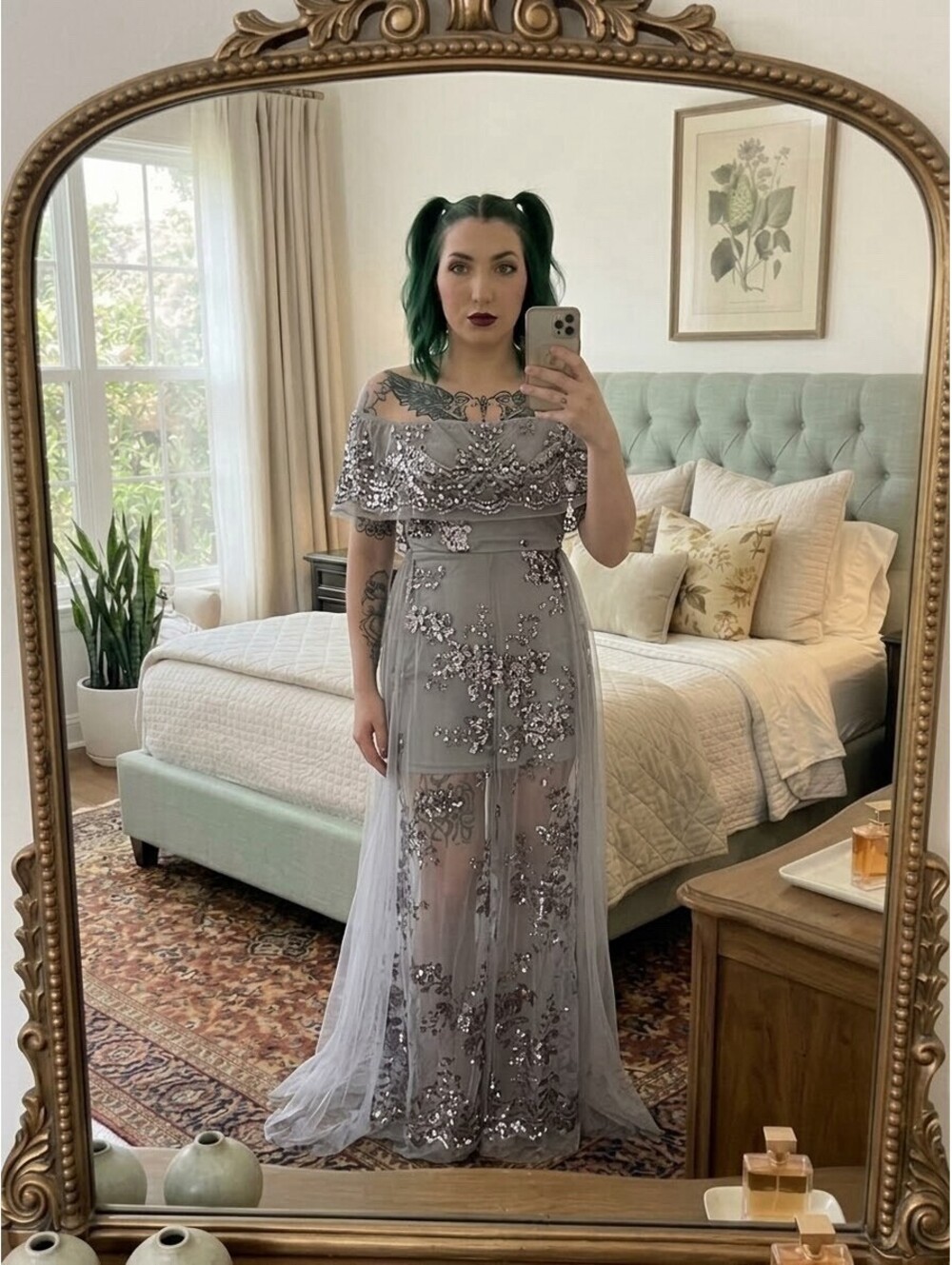 Blithe LA Silver Gray Sequin Floral Formal Gown Dress Off Shoulder Small NWT